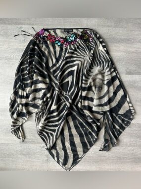 Monica Magni Italian Designer Sheer Zebra Blouse with Floral Embroidery